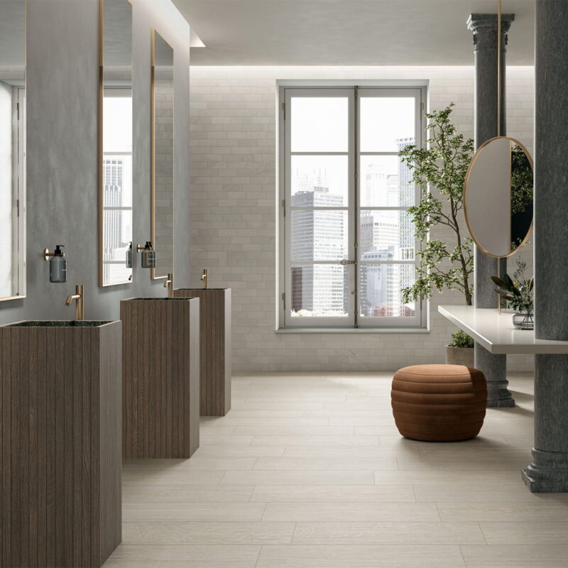 wood look floor tile on bathroom