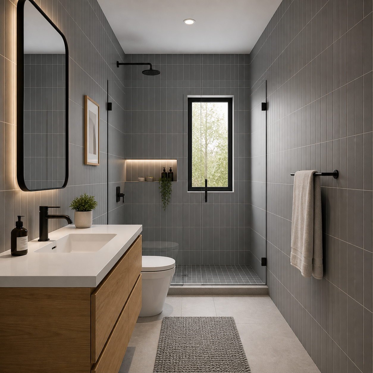 Modern bathroom with gray vertical shower wall tile.