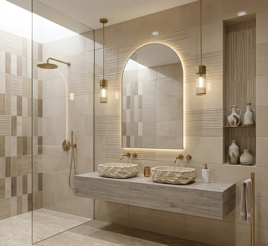 Elegant bathroom with beige vertical shower wall tile.