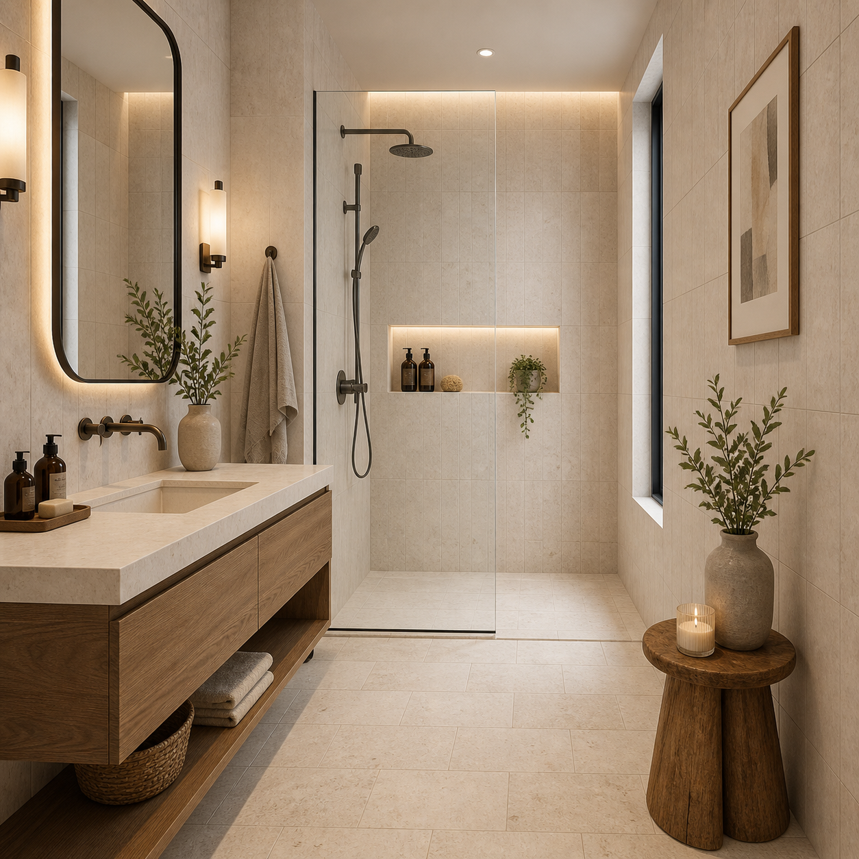 Modern bathroom with beige vertical shower wall tile.