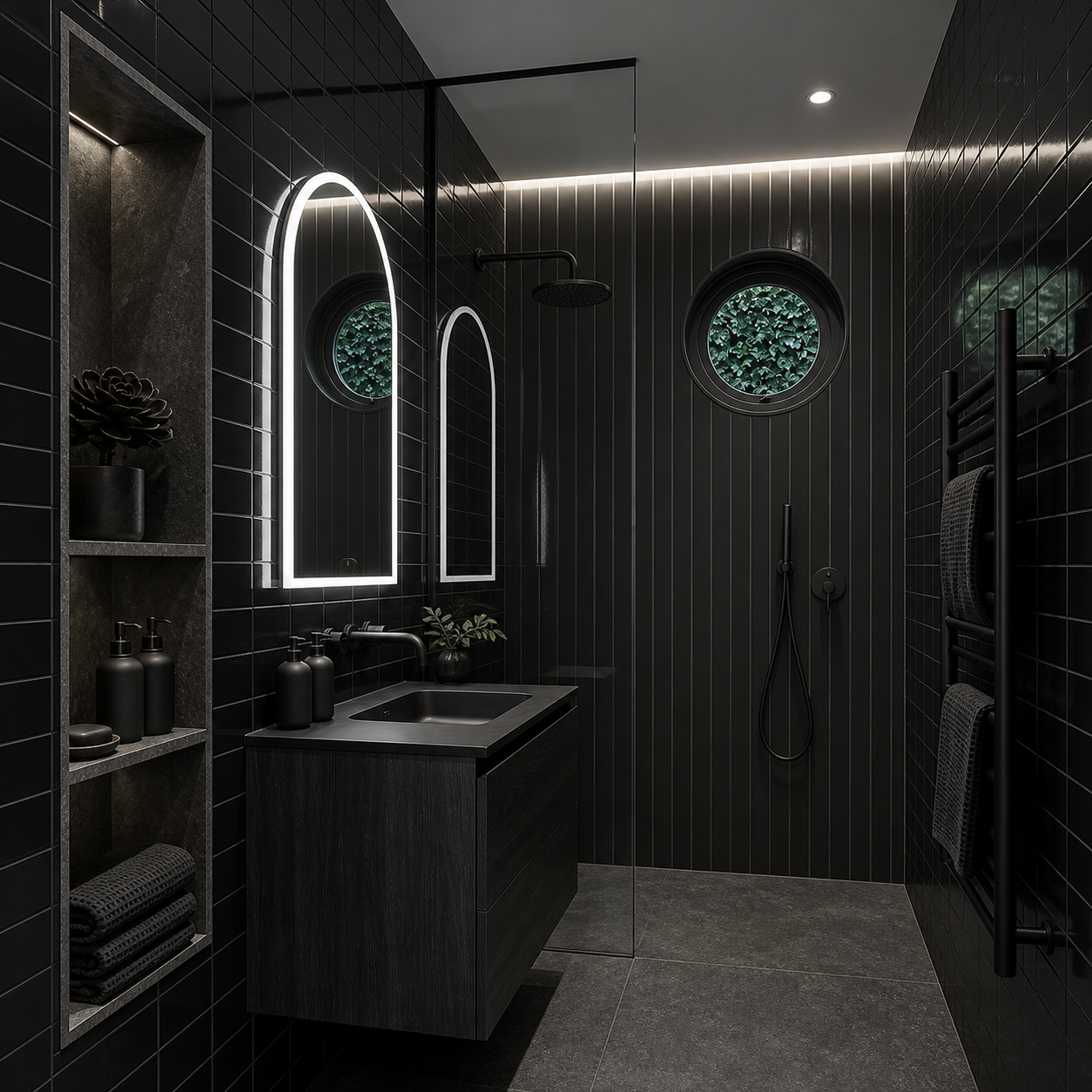 Luxury bathroom with black vertical shower wall tile.