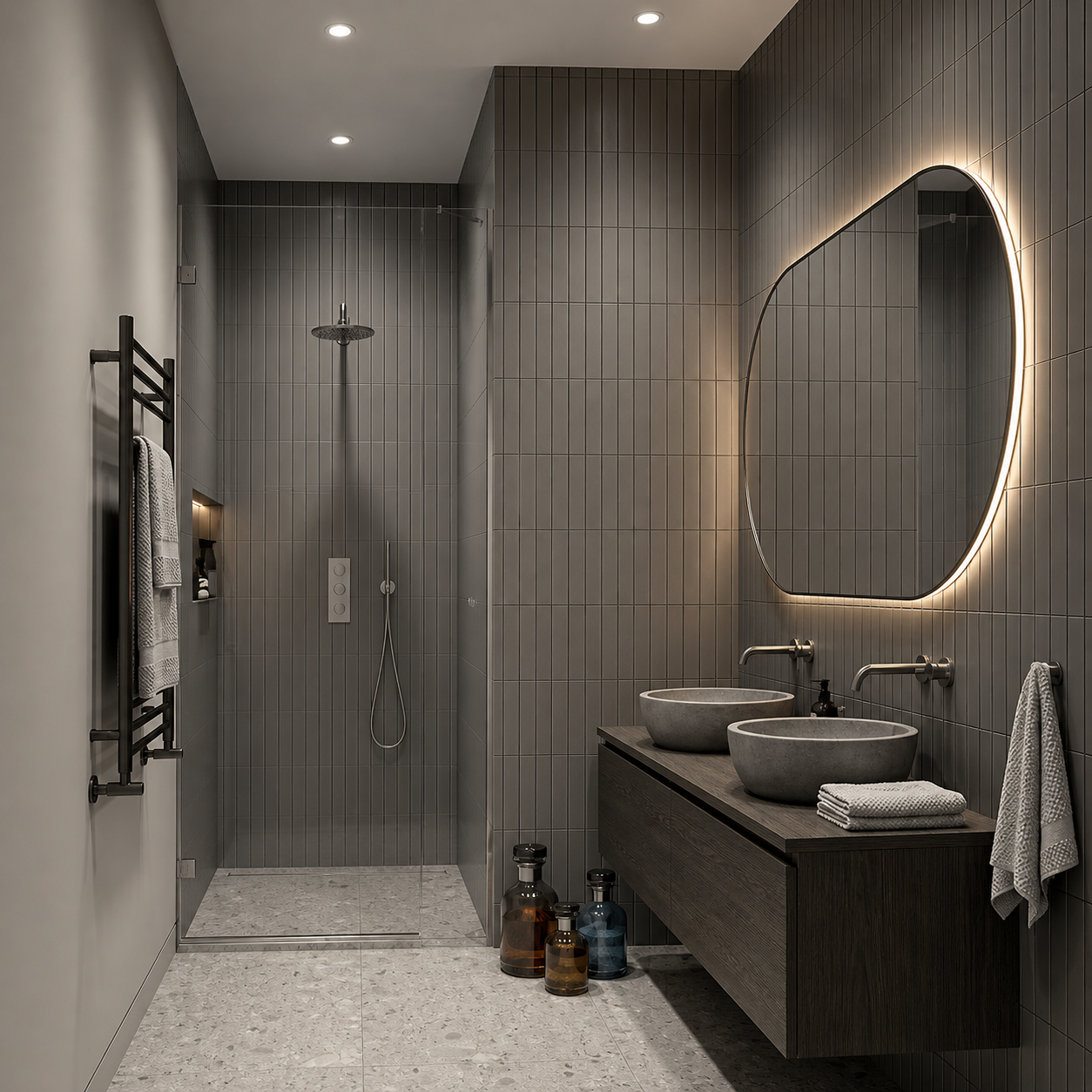 Contemporary bathroom with gray vertical shower wall tile.