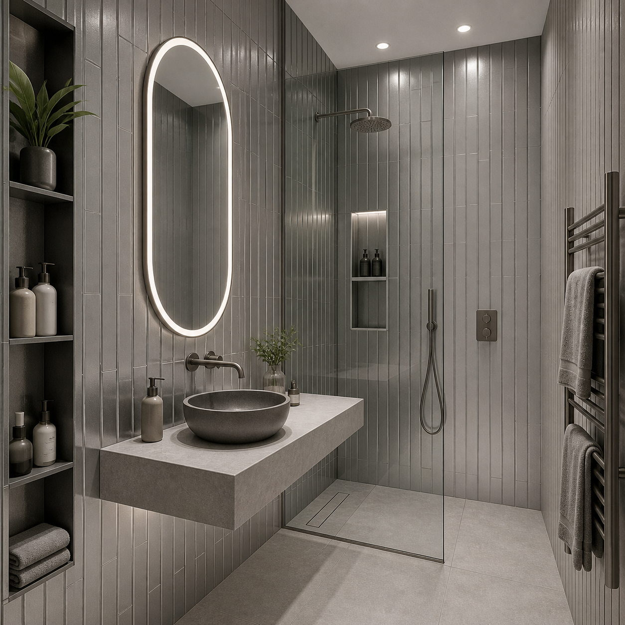 Contemporary bathroom with gray vertical shower wall tile.