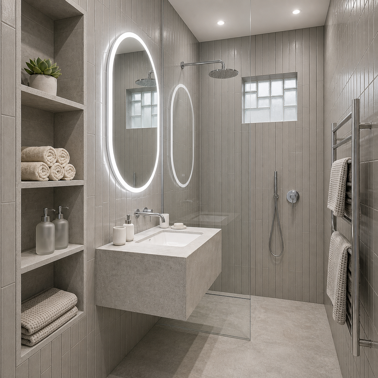 Modern bathroom with gray vertical shower wall tile.