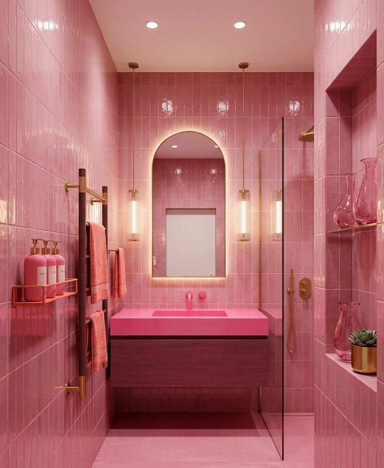 Bold modern bathroom with pink vertical shower wall tile.