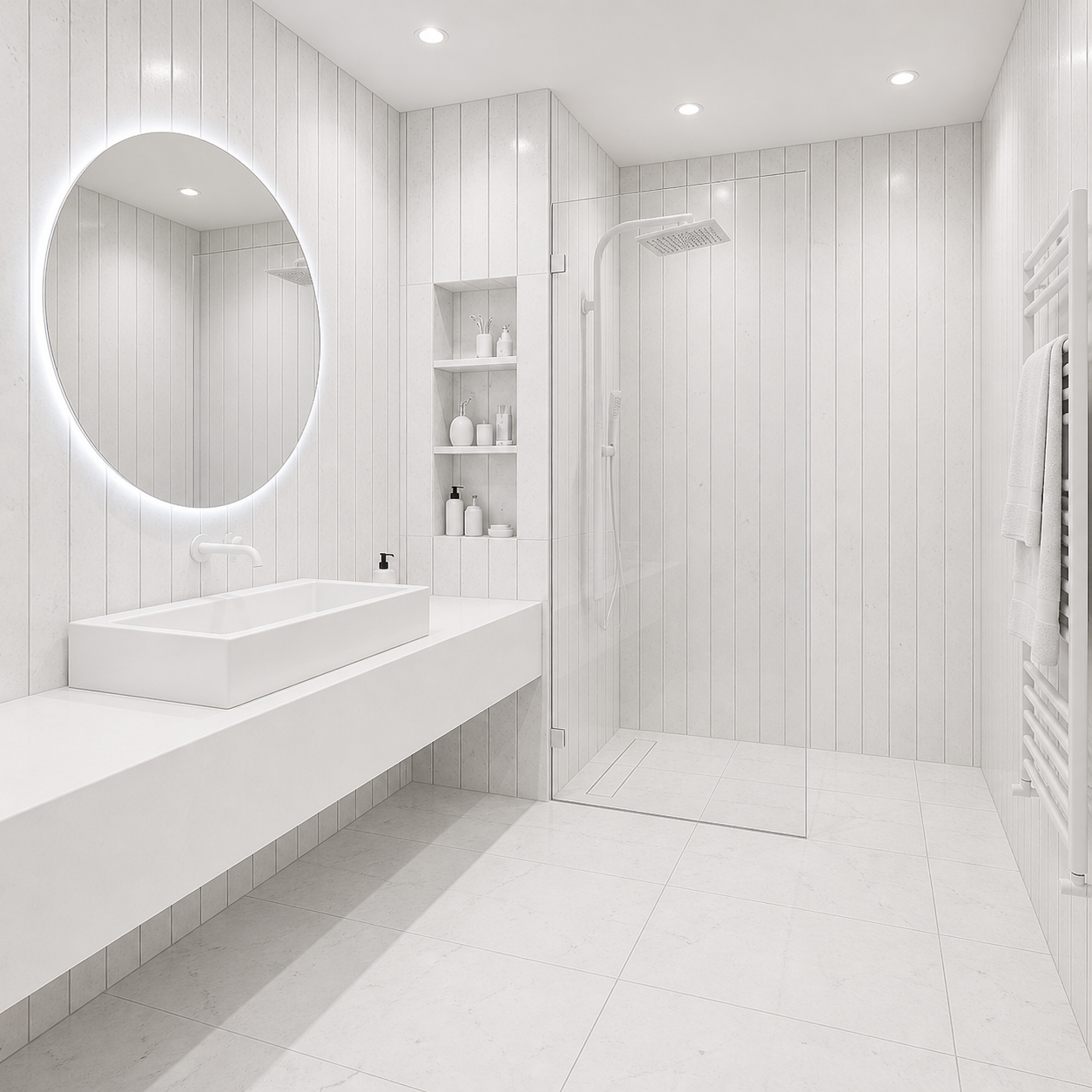 Minimalist bathroom with white vertical shower wall tile.