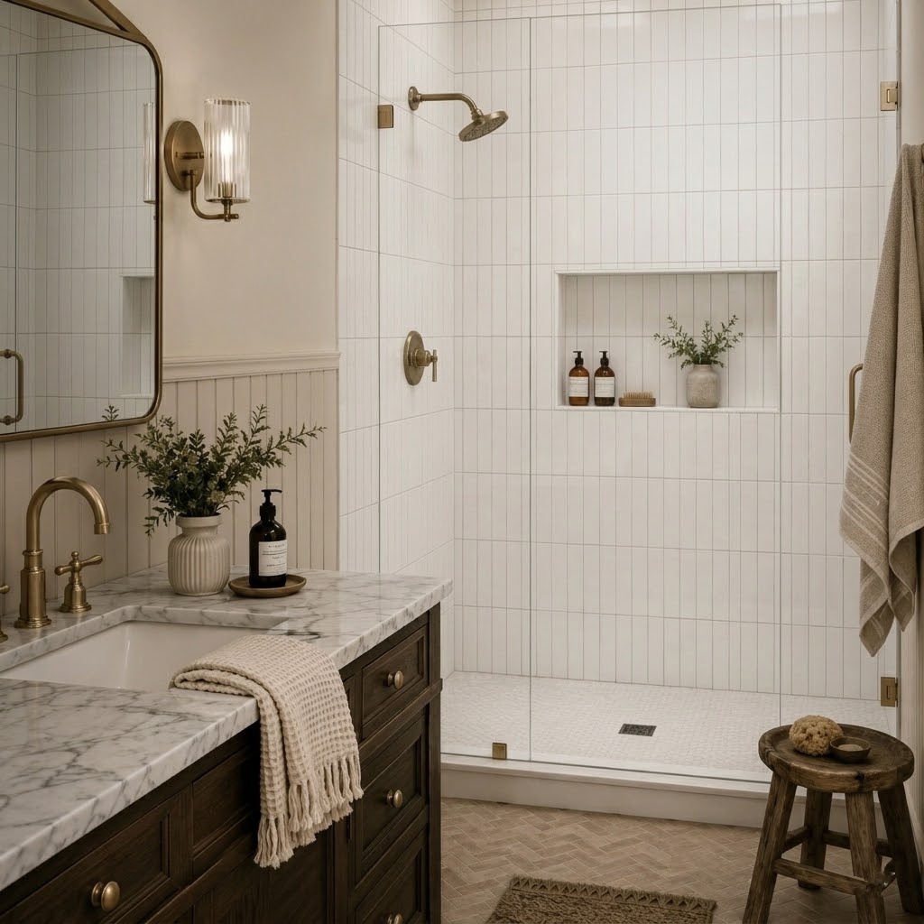 White matte subway ceramic tiles installed in a vertical stack bond pattern on a walk in shower wall.