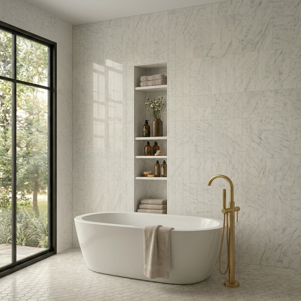 White Carrara T polished marble wall tiles in a vertical stack bond pattern featured in a luxury bathroom with a freestanding bathtub.