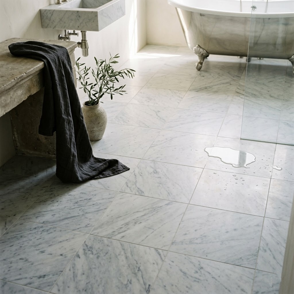 A bathroom decorated in a minimalist style with a floor made of White Italian Carrara Honed Marble Tile tiles in white with gray patterns.