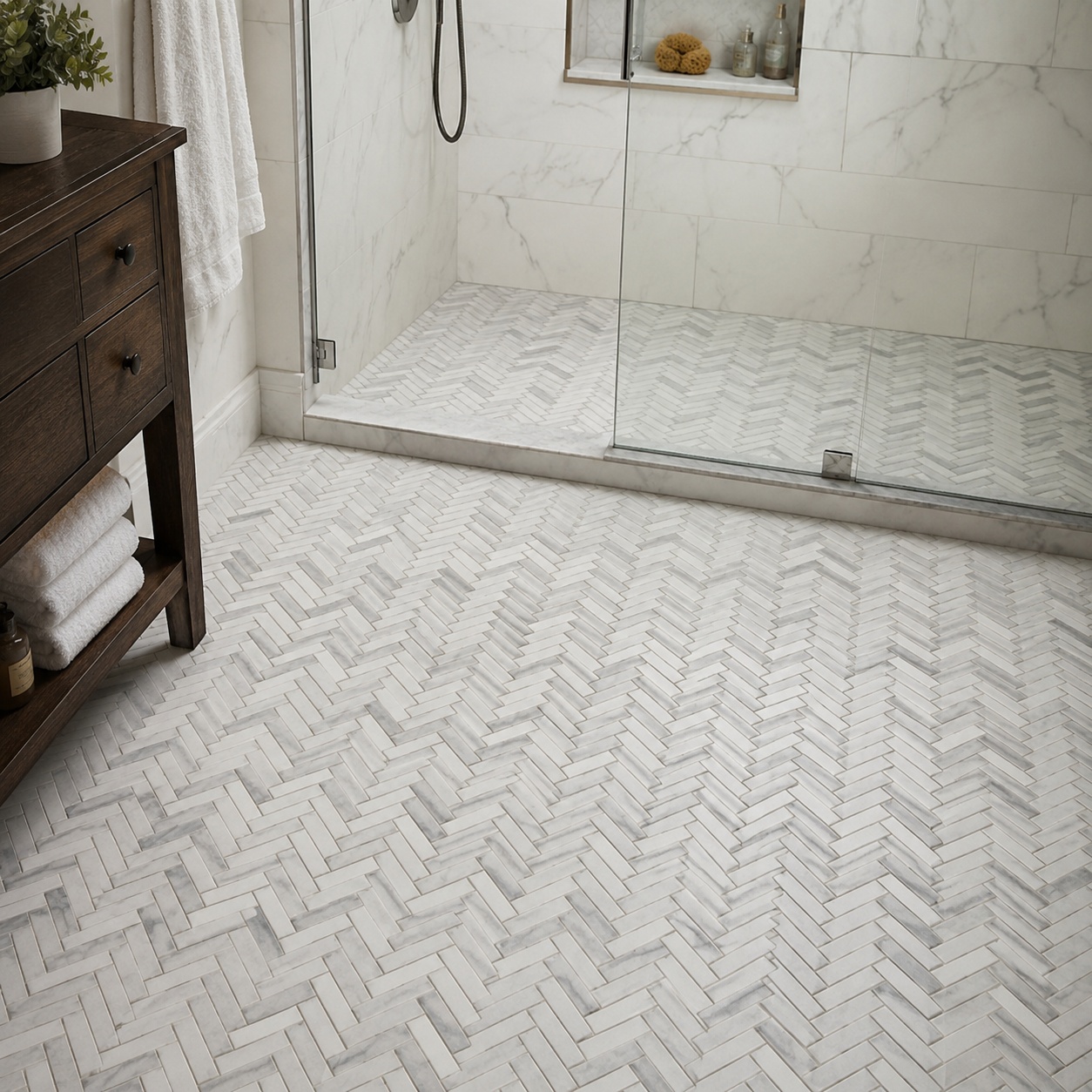 Luminous white honed herringbone marble mosaic floor tile.