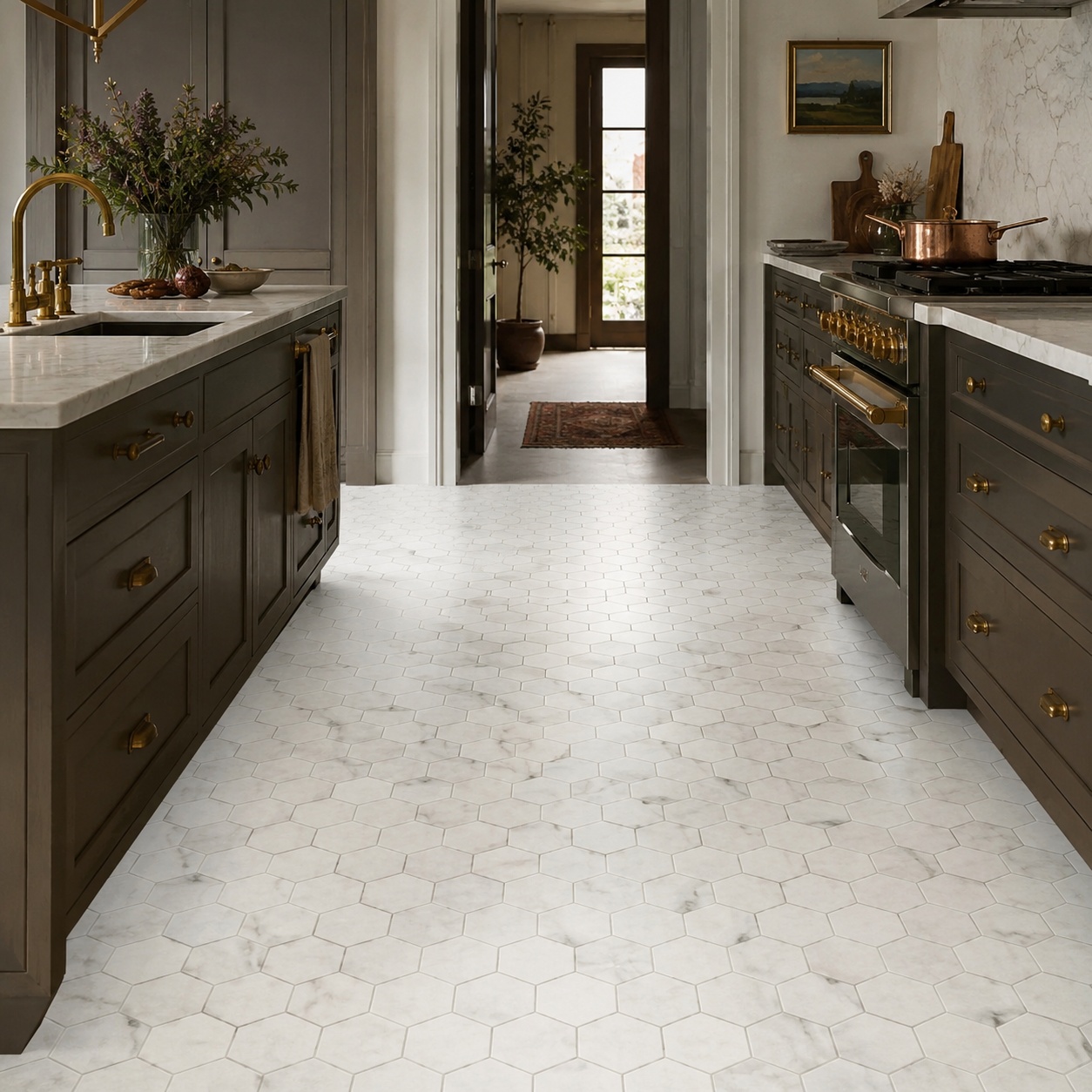 Honed White Calacatta marble hexagon mosaic floor tile in a transitional kitchen.
