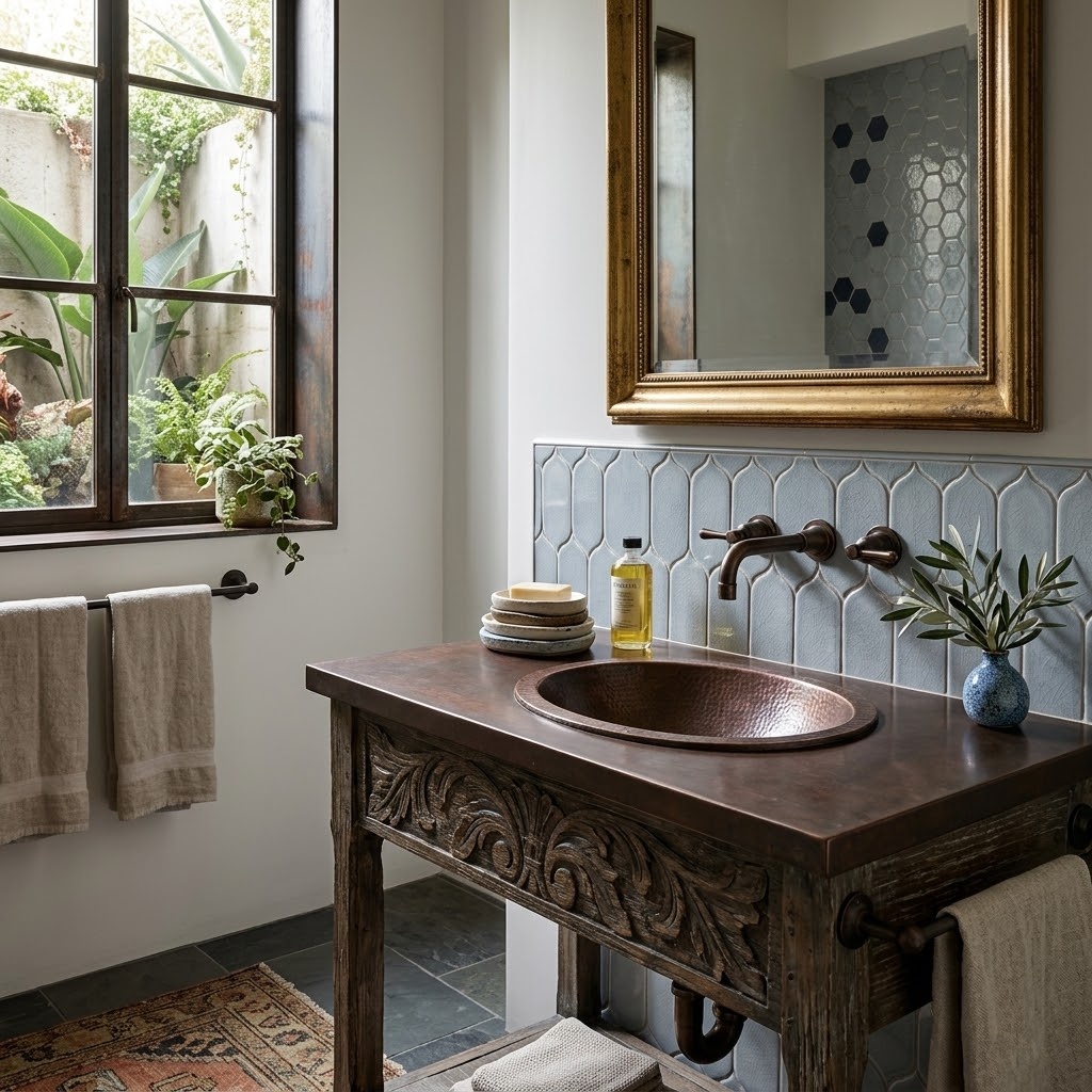Azure crackled tear shaped field ceramic tiles used as a bathroom backsplash behind a copper sink.