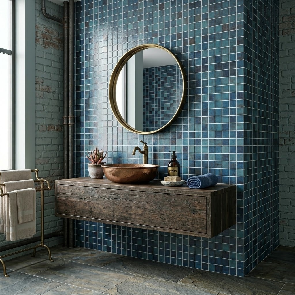 A modern industrial bathroom featuring a vibrant blue glass mosaic tile accent wall.