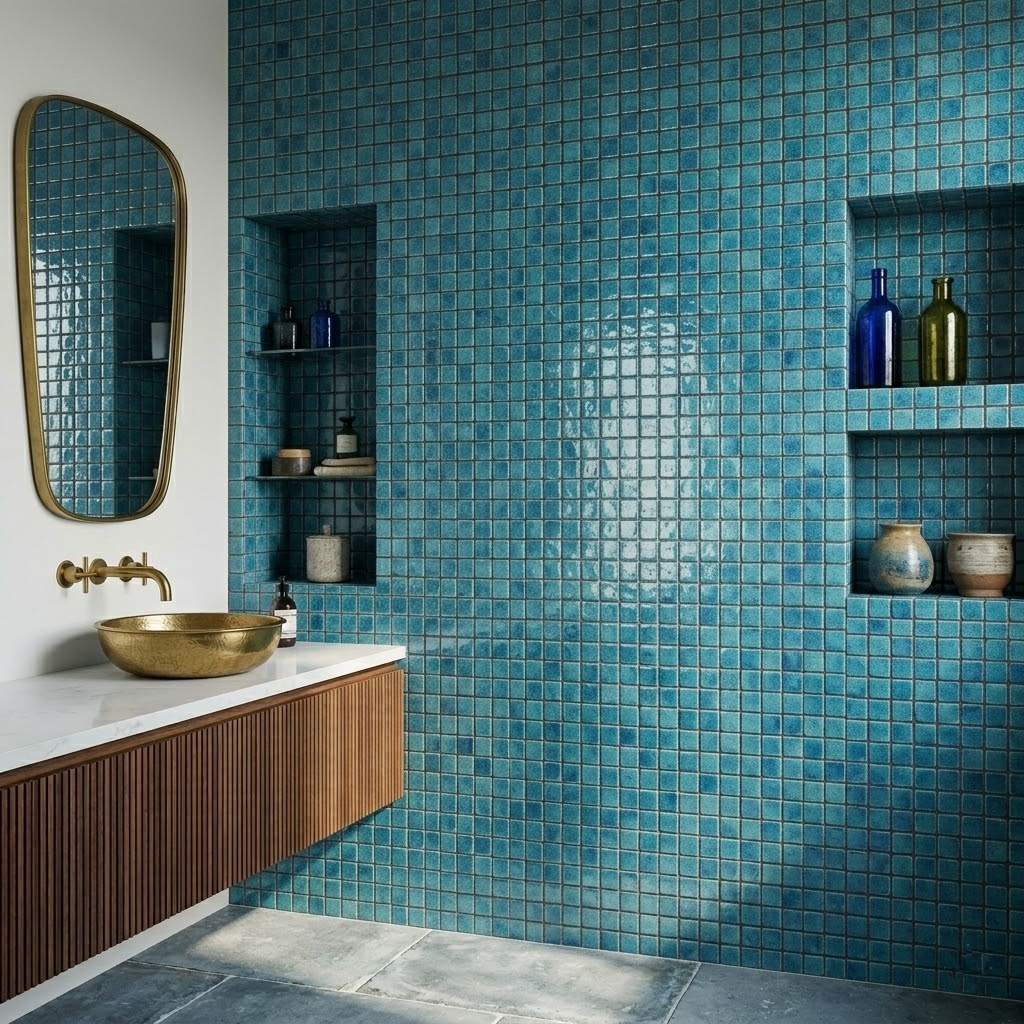 A stunning bathroom accent wall featuring vibrant blue 1x1 mosaic tiles.