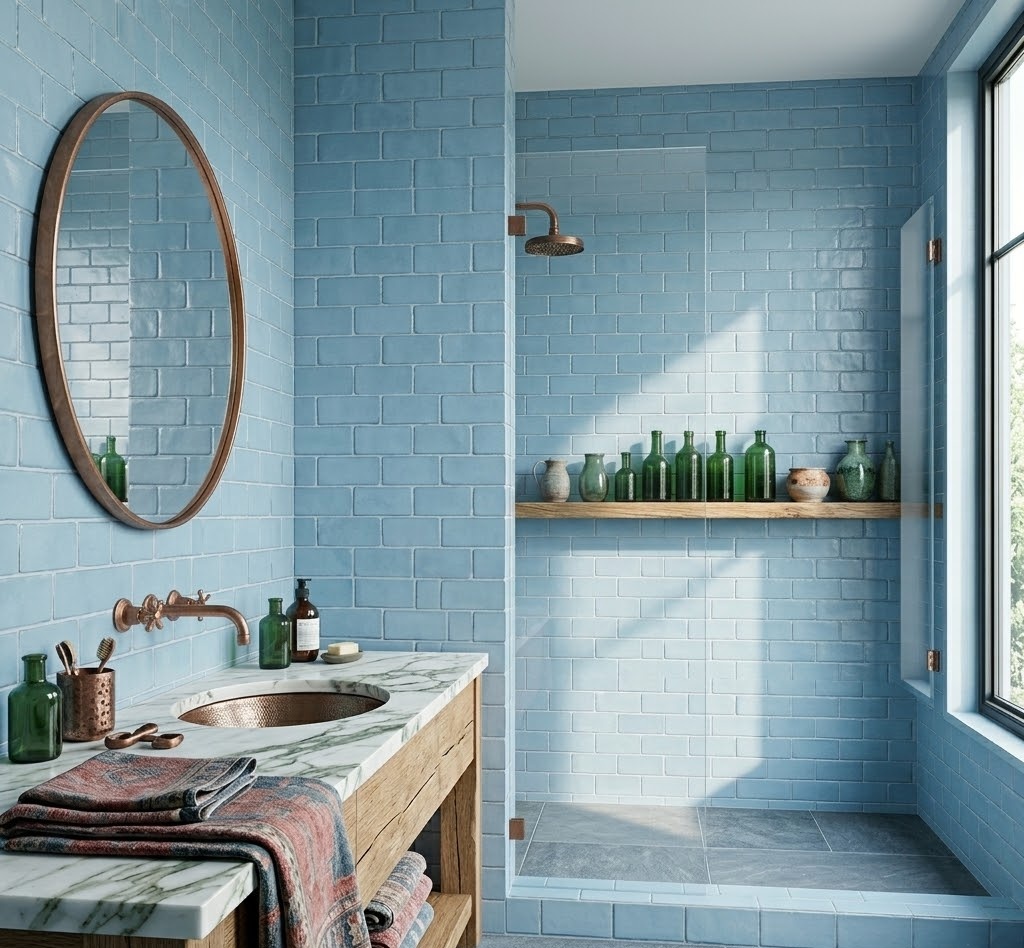 A serene bathroom scene featuring light blue matte subway glass tiles.