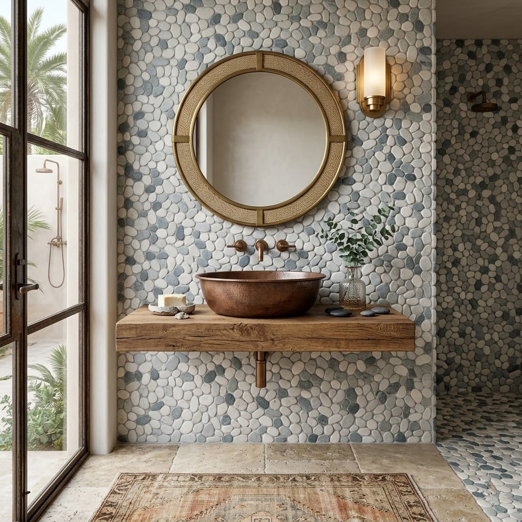 Pebble mosaic tiles in shades of blue.