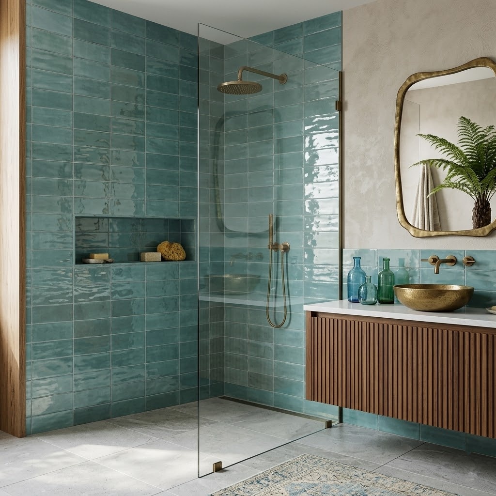 A stunning bathroom featuring blue polished Zellige look porcelain tiles.