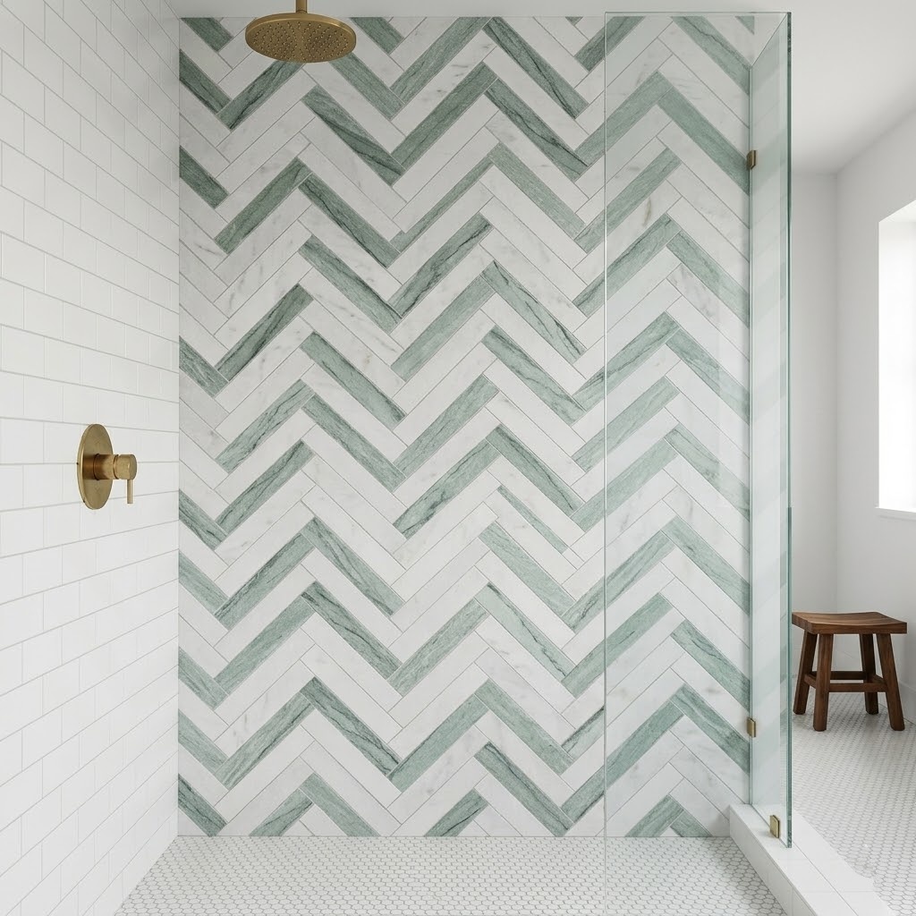 A luxury walk-in shower featuring a floor-to-ceiling accent wall of blue and white marble herringbone tiles.