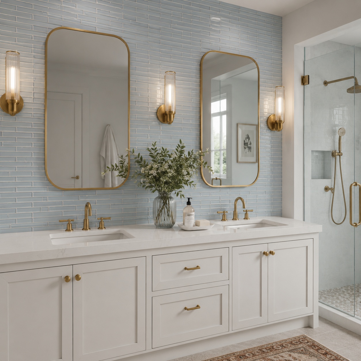 A light and airy double vanity bathroom featuring pale blue matchstick mosaic tiles.