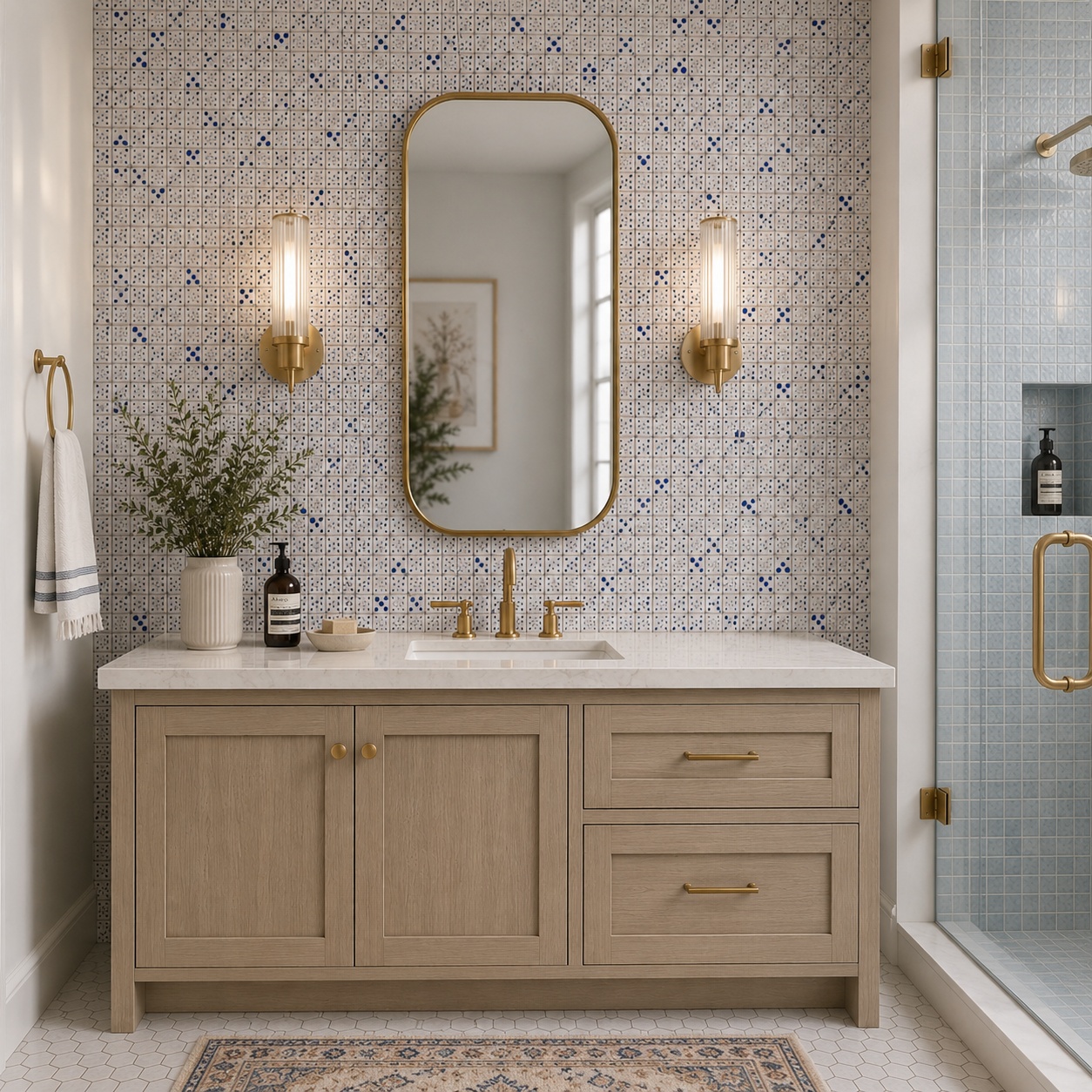 An elegant bathroom featuring a white and blue patterned tile backsplash.