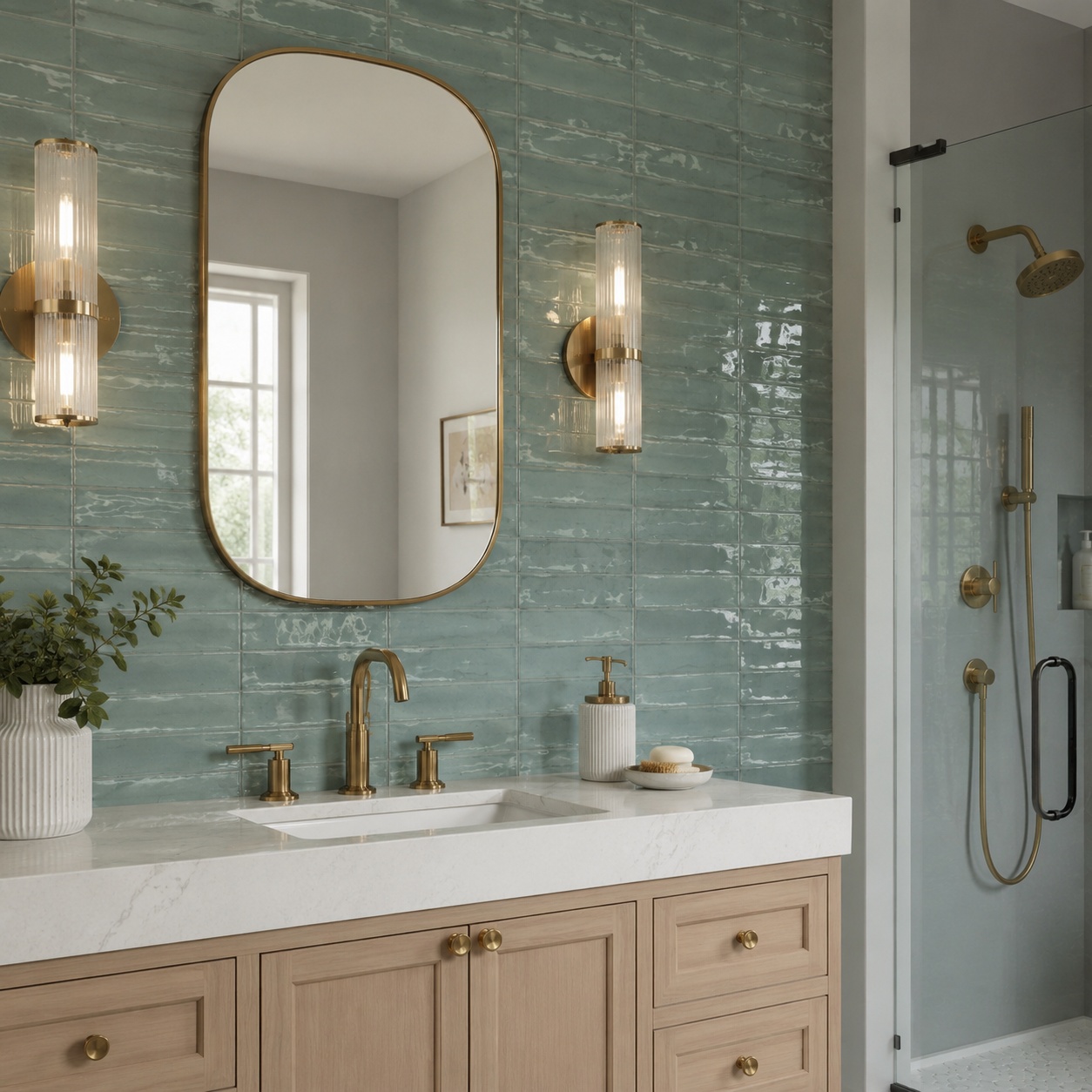A serene bathroom scene featuring light blue polished ceramic wall tiles.