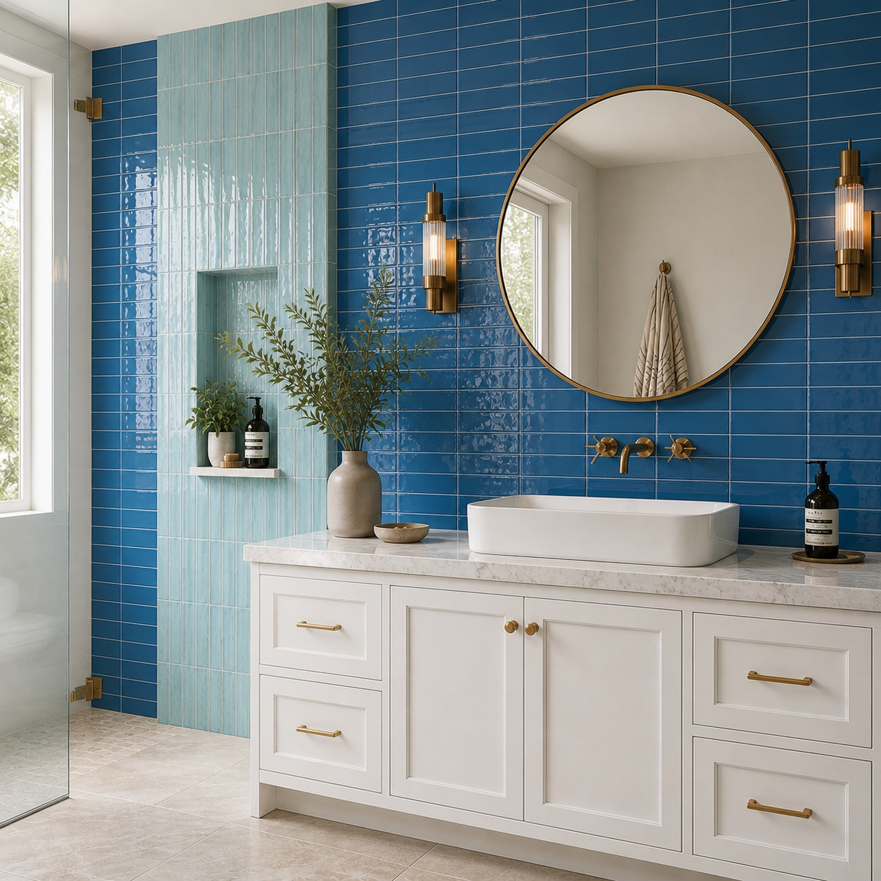 Modern bathroom featuring two toned blue tiles on a full height wall.