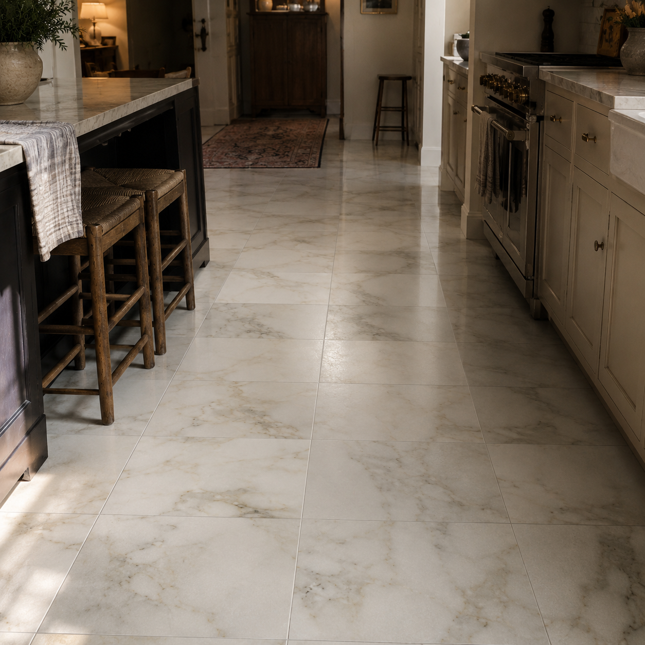 A spacious kitchen floor featuring large white gold honed marble tiles.