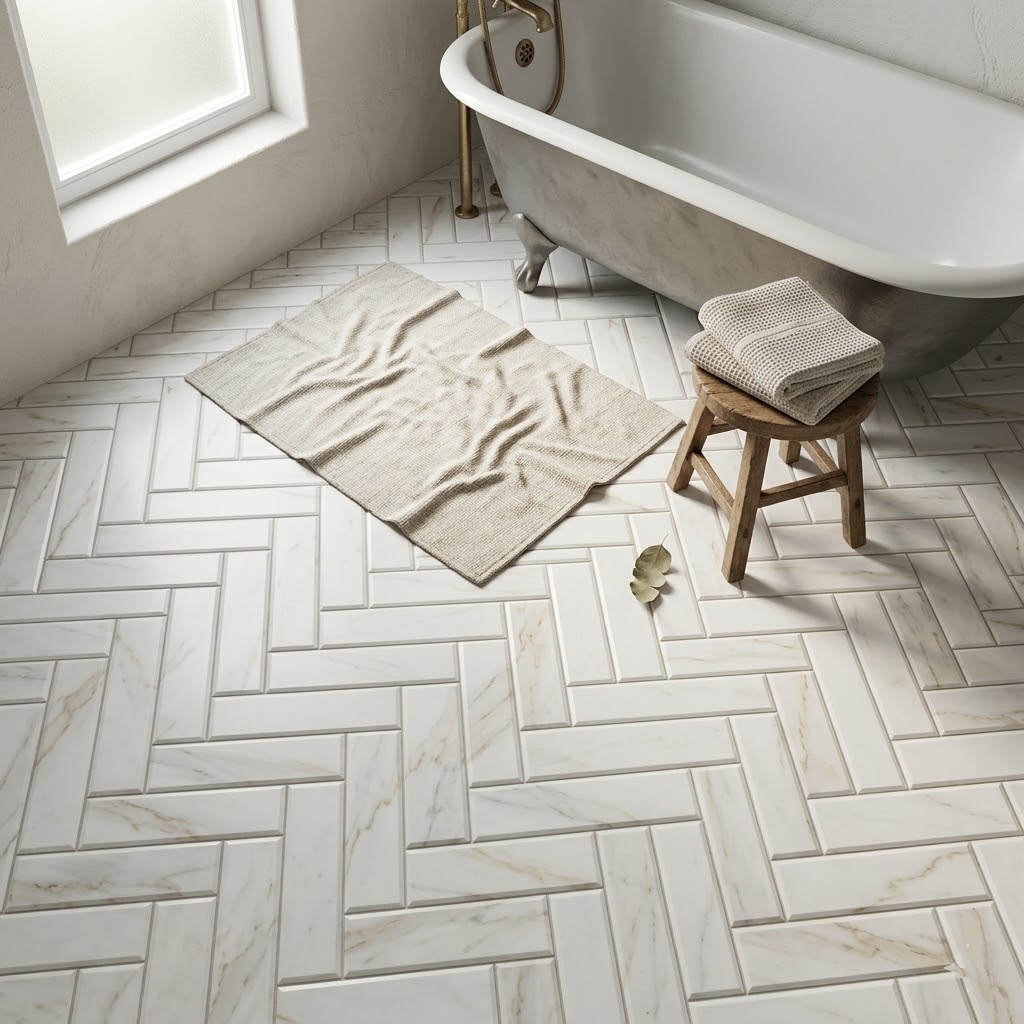 Lived in bathroom design featuring gold honed white subway marble tiles on the floor.