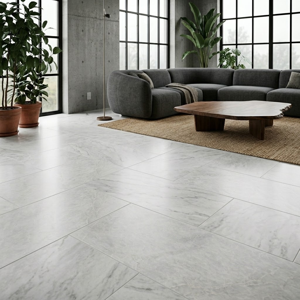 Modern living room interior with an expansive white marble flooring ideas featuring subtle grey veining and large format tiles.