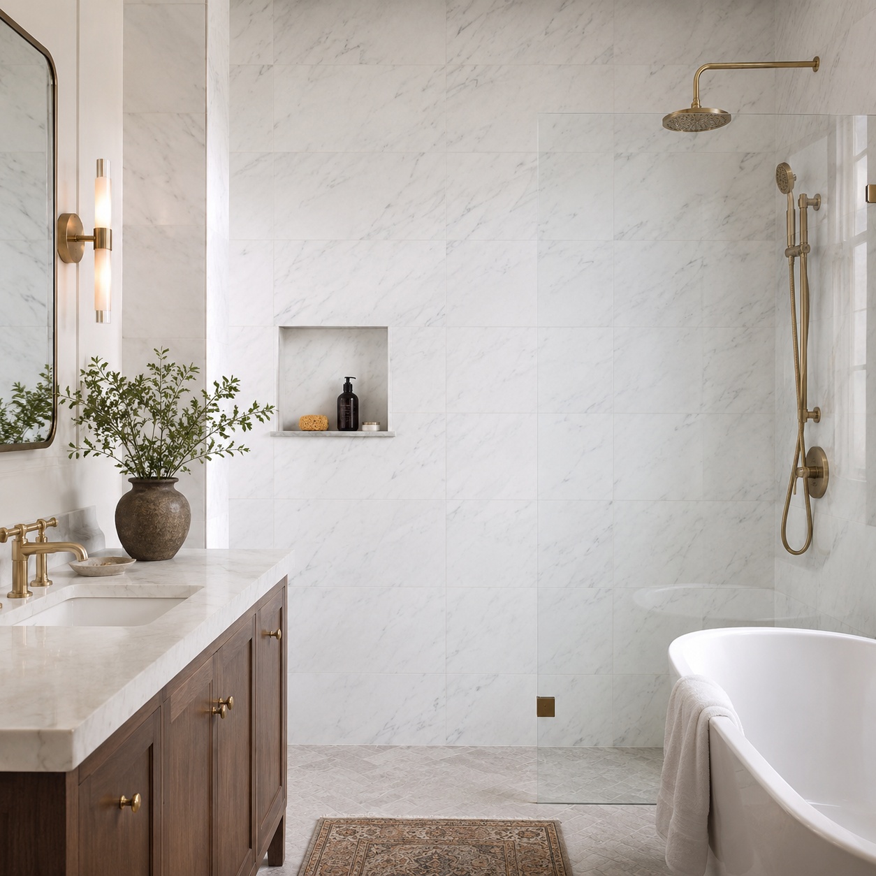Modern bathroom featuring large-format white marble wall tiles.