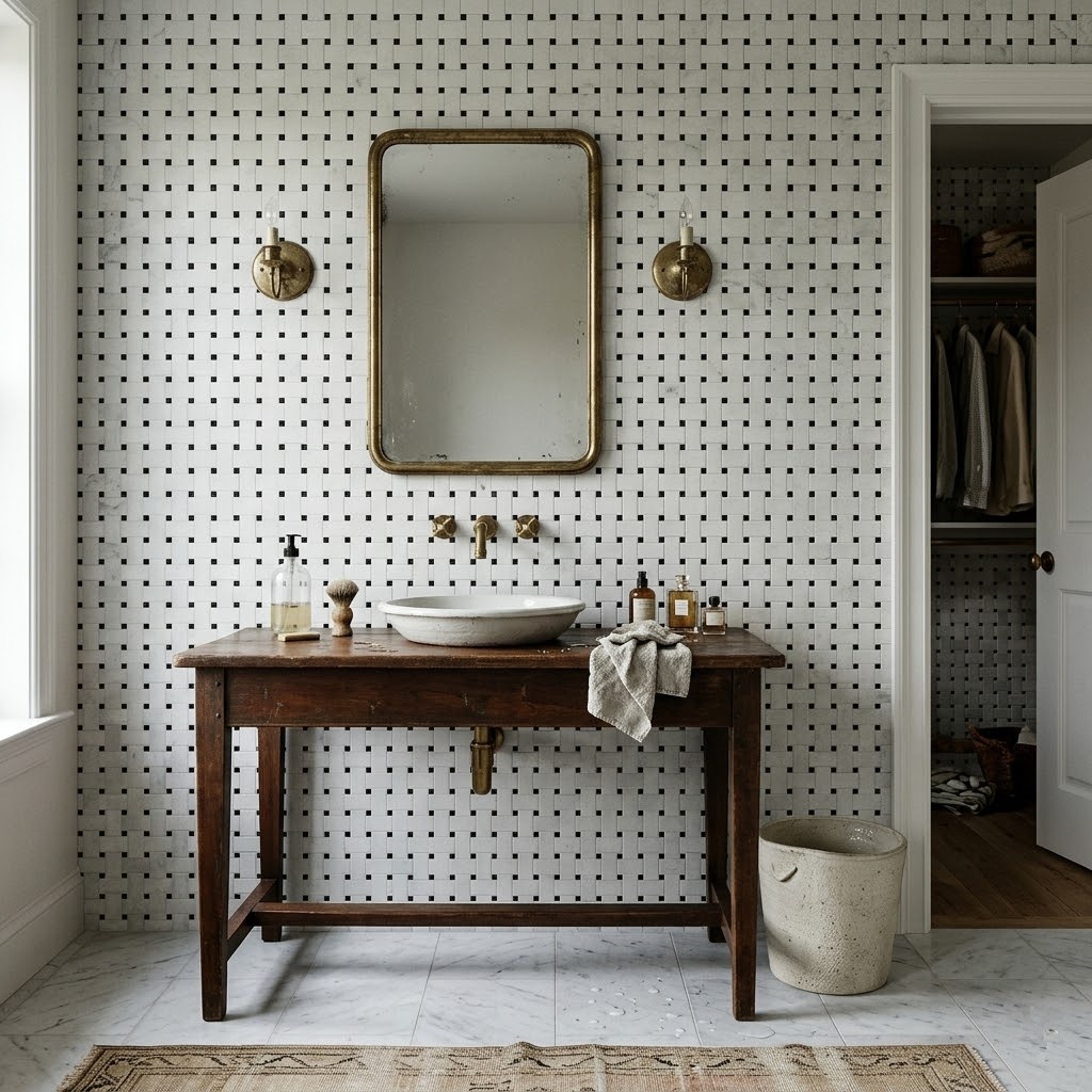 modern bathroom featuring a Carrara marble mosaic wall in gray.