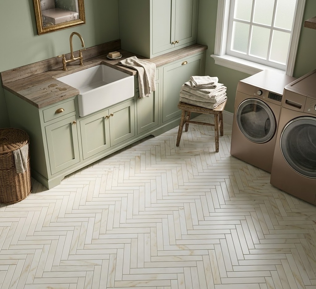 Light beige natural stone herringbone mosaic floor tile for home design.