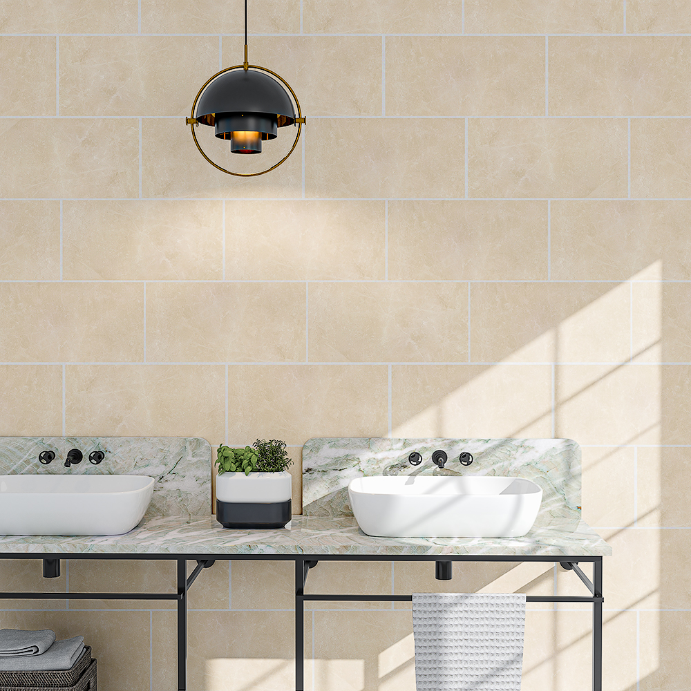 Luxury bathroom featuring beige marble floor tiles.