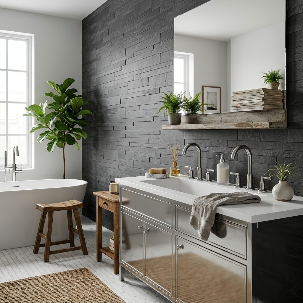 Contemporary bathroom featuring white marble tile walls.