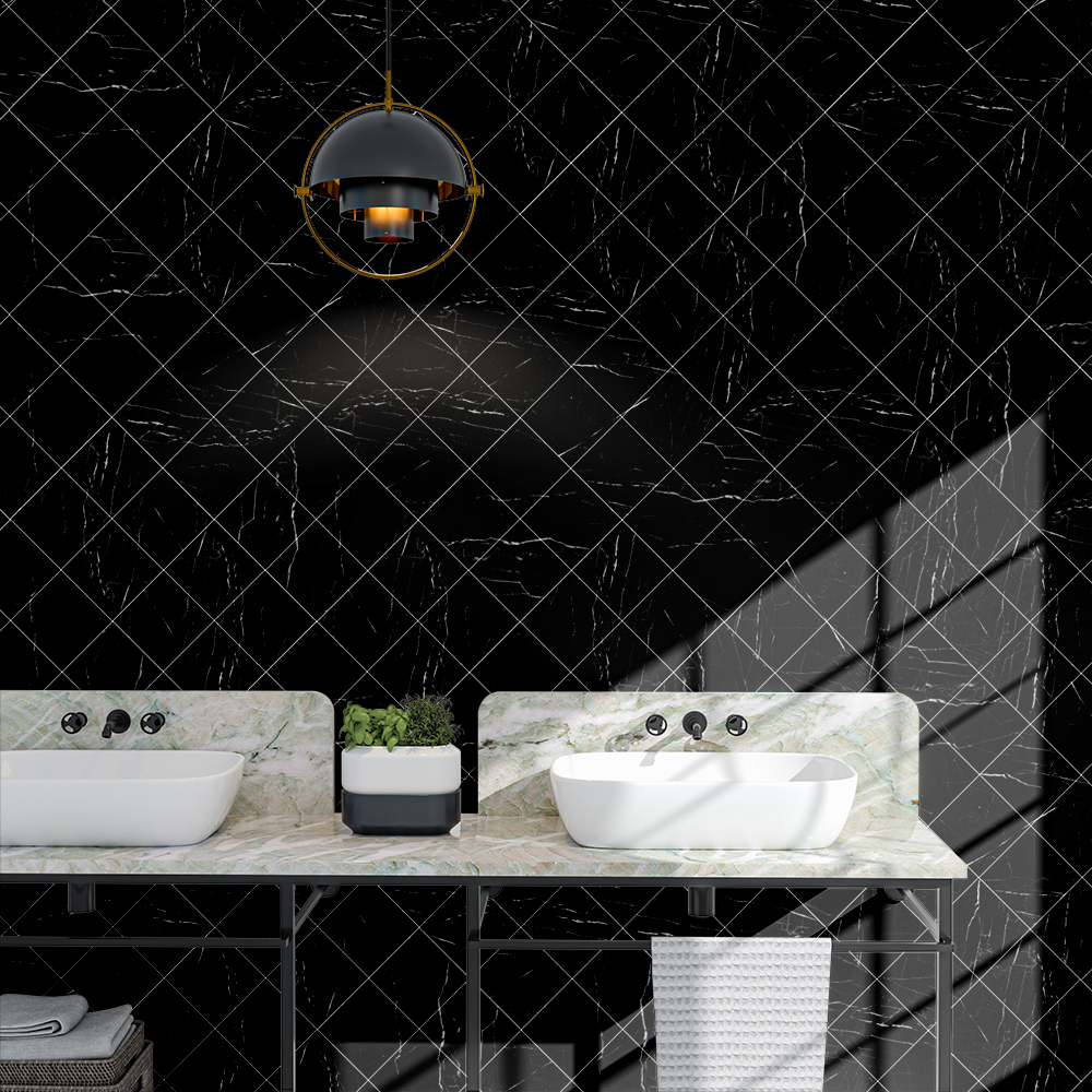 Luxury bathroom featuring a black marble tile accent wall.