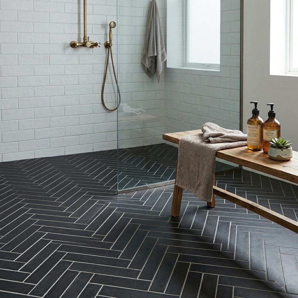 Black herringbone bathroom floor with matte ceramic tiles and a walk in shower.