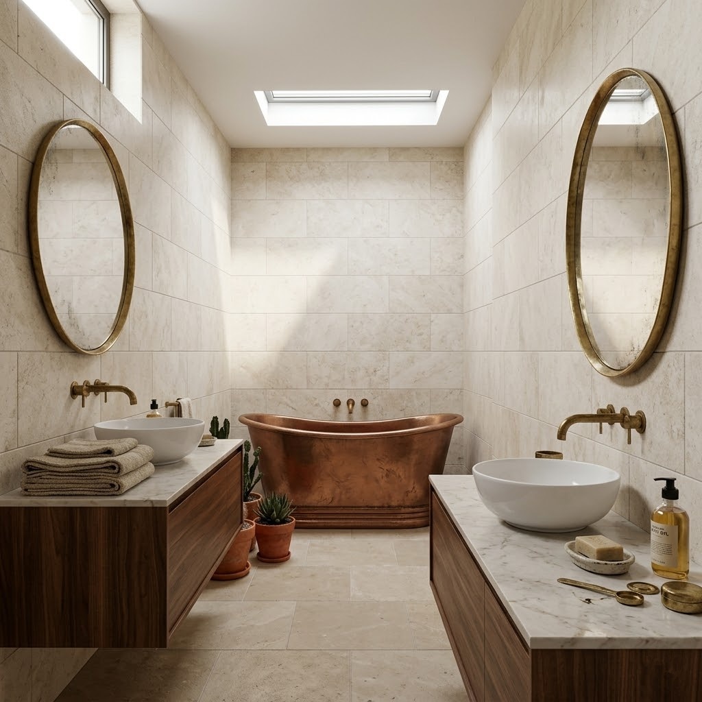 Rustic luxury bathroom with brown honed marble wall tiles.