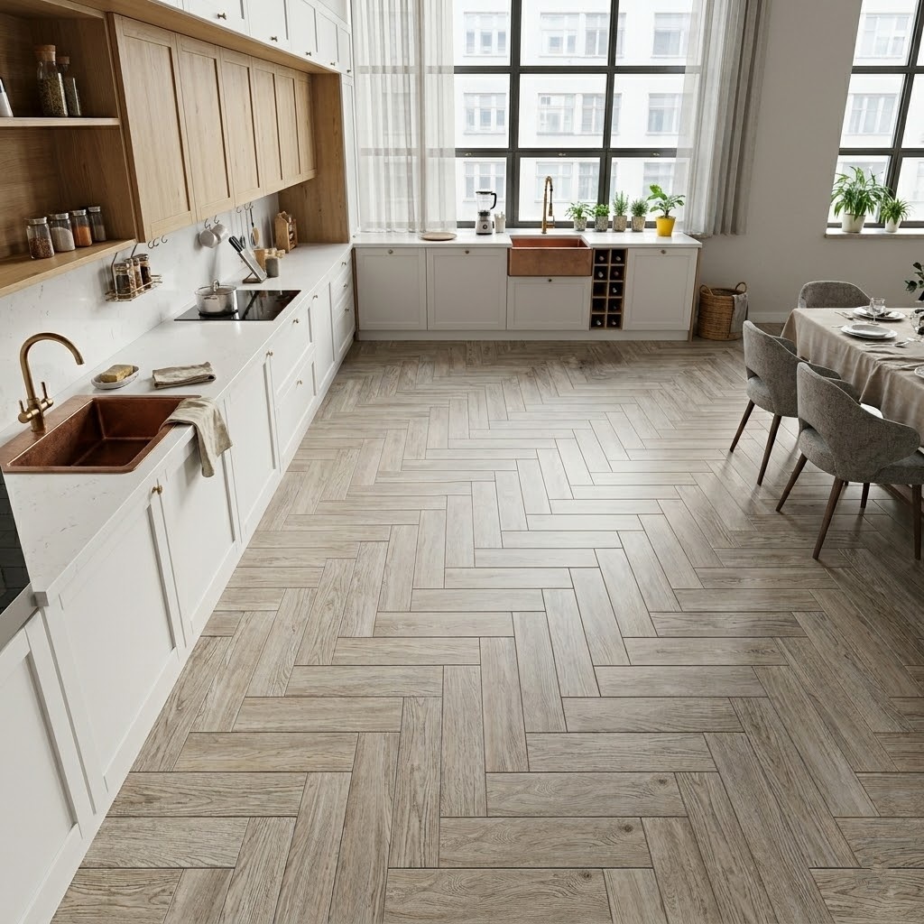 Light brown wood look porcelain tile kitchen floor in a large herringbone pattern.