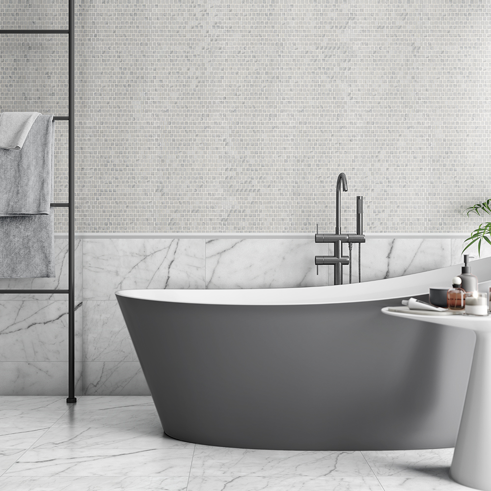 Modern bathroom featuring white Carrara marble floor tiles.
