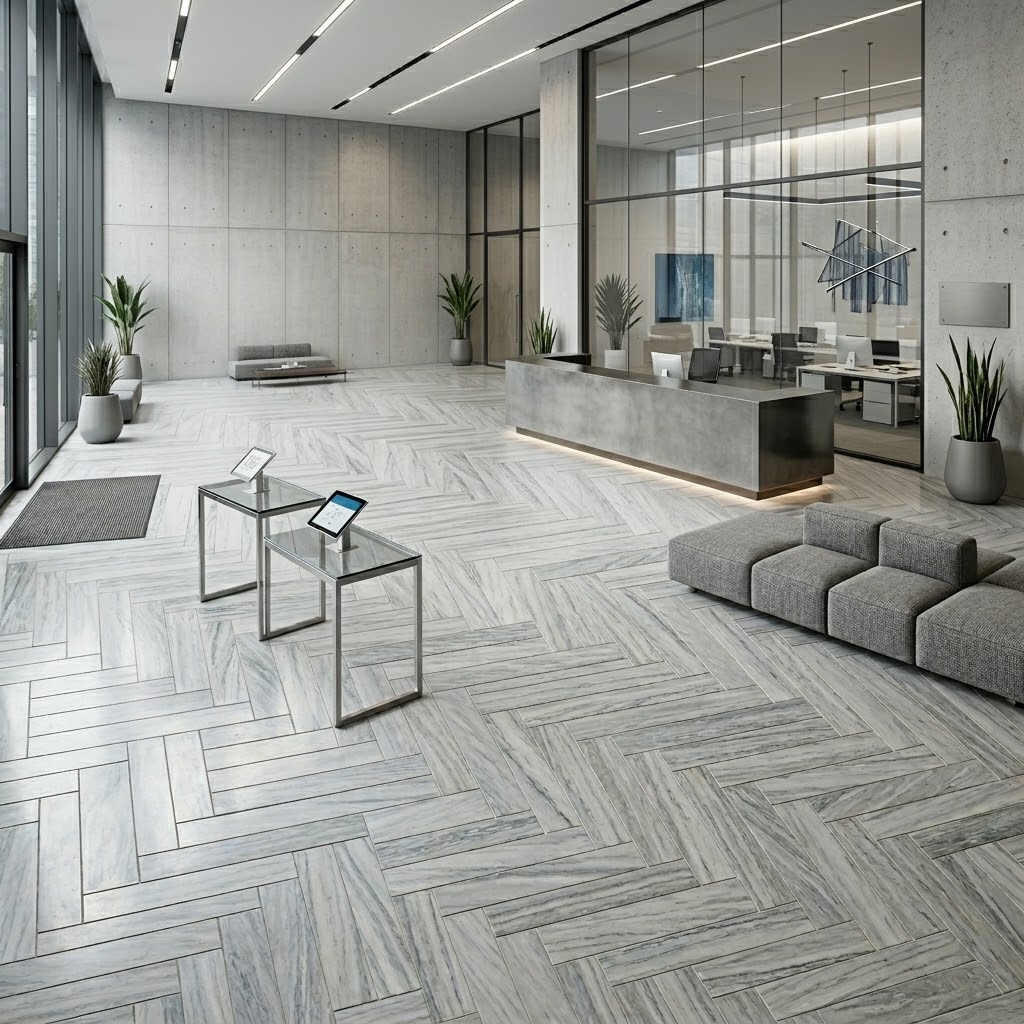 Gray Light honed marble subway tile in a professional office lobby, installed in a large scale herringbone pattern.
