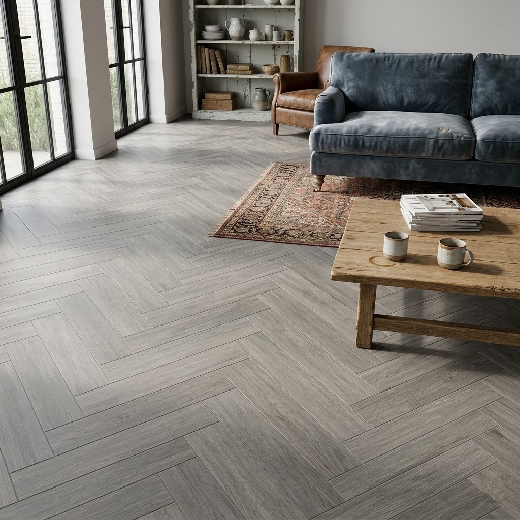 Gray herringbone wood-look tile floor in a modern living room with blue sofa.