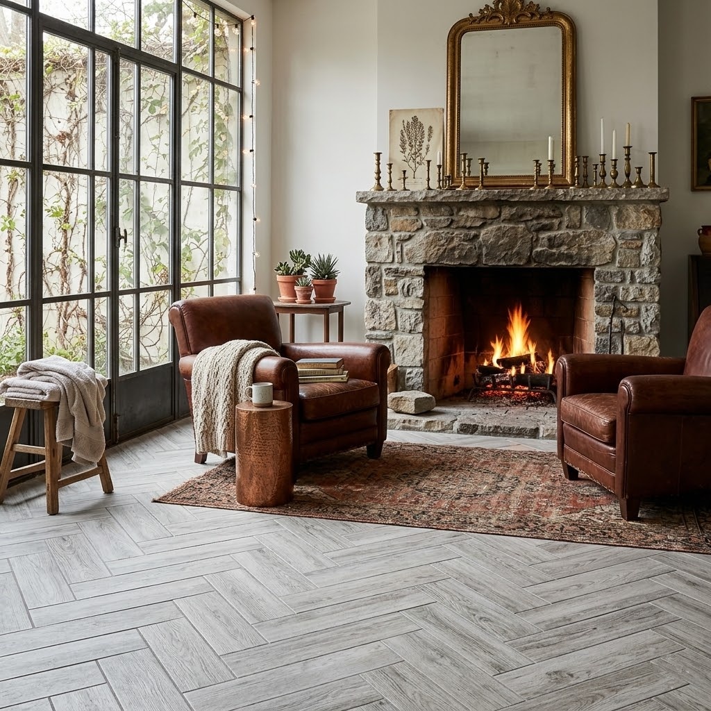 Gray natural wood look porcelain tile flooring in a classic herringbone pattern for a cozy living room with a fireplace.
