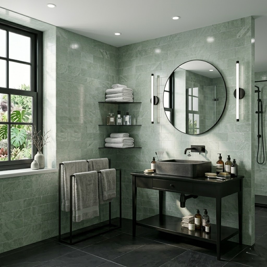 Modern bathroom design featuring green marble subway tiles on the walls.