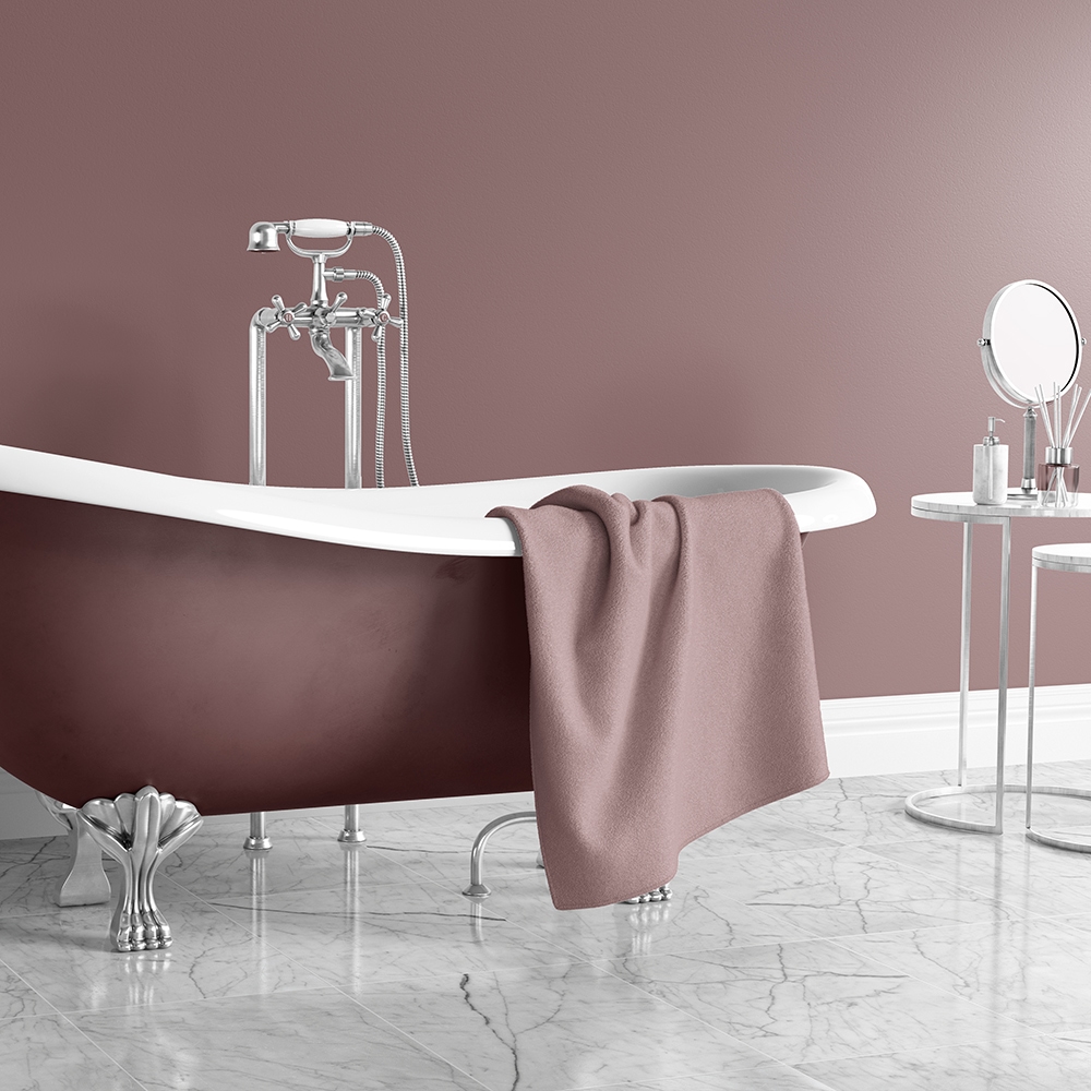 Luxury master bathroom featuring white marble floor tiles.
