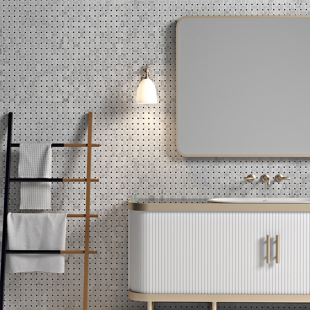 Luxury master bathroom featuring white marble tile floors.