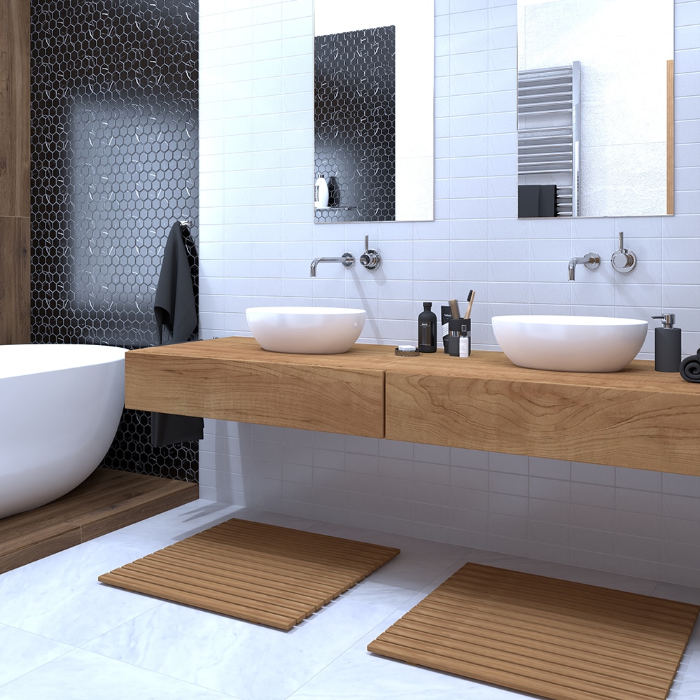 Contemporary bathroom featuring white marble floor tiles.
