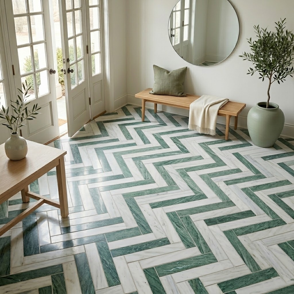 Multicolor green herringbone entryway flooring with a large scale mosaic pattern.