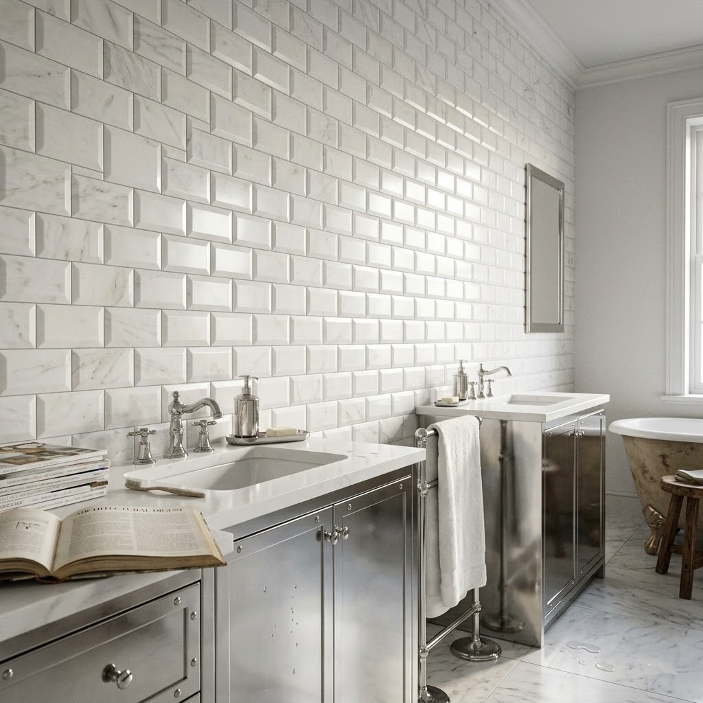 Luxury bathroom with white marble subway wall tiles.