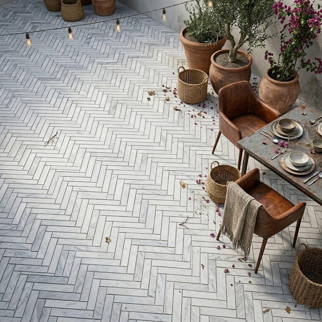 White Carrara marble herringbone outdoor patio flooring with a honed finish and natural gray veining.