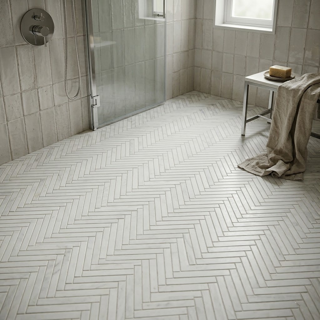White marble herringbone tile shower floor in a modern bathroom.